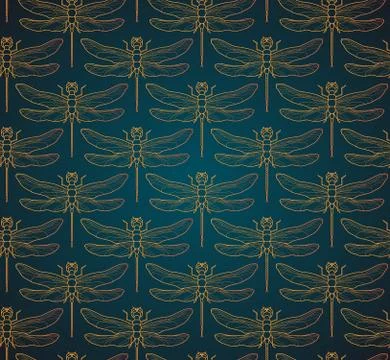 Dragonfly pattern seamless vector illustration. Insect pattern background gold Illustrazione stock