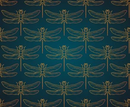 Dragonfly pattern seamless vector illustration. Insect pattern background gold Stock Illustration
