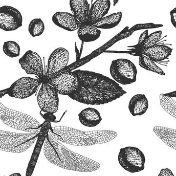 Dragonfly seamless pattern with cherry flower Stock Illustration