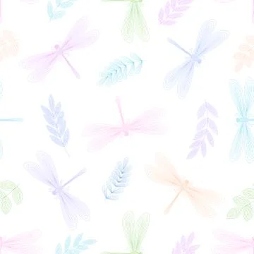 Dragonfly seamless pattern with floral elements. Line style. Hand drawn. Stock Illustration