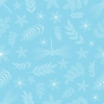 Dragonfly seamless pattern with flowers. Line style. Hand drawn. Stock Illustration