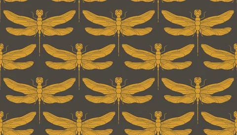 Dragonfly seamless pattern. Hand drawn vector illustration. Vintage retro Stock Illustration