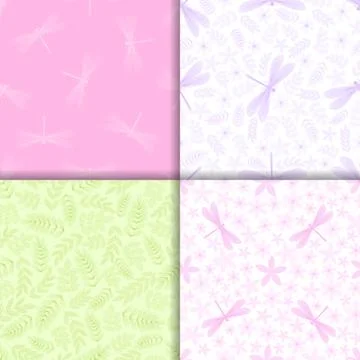 Dragonfly seamless pattern with leaves, flowers and branches. Hand-drawn. Doo Stock Illustration