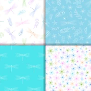 Dragonfly seamless pattern with leaves, flowers and branches. Hand-drawn. Doo Stock Illustration