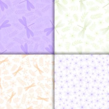 Dragonfly seamless pattern with leaves, flowers and branches. Hand-drawn. Doo Stock Illustration