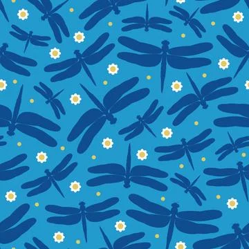Dragonfly seamless pattern with white flowers Stock Illustration