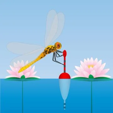 Dragonfly sitting on the float. Water lily. Water. Fishing Stock Illustration