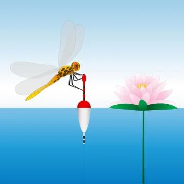 Dragonfly sitting on the float. Water lily. Water. Fishing Stock Illustration