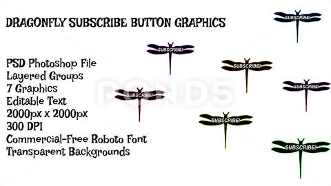 Dragonfly Subscribe Button, Customizable Icon, Social Media Video Graphic Pack PSD Template