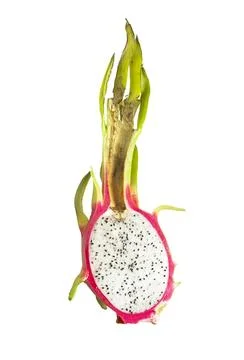Dragonfruit half, cross section with pink pile and white pulp with black seed Photos