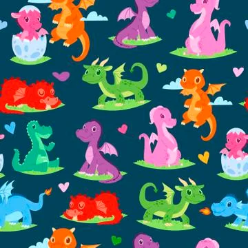 Dragons children seamless pattern vector illustration. Cartoon funny dragons Stock Illustration