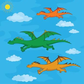 Dragons flies in the blue sky Stock Illustration