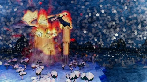 Dragons flying around burning castle Landscape with small lighthouse Stock-Footage 57318149