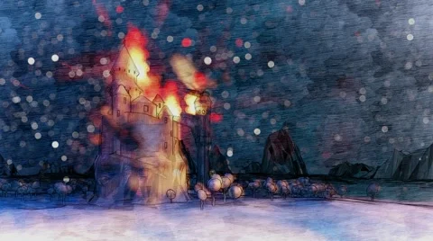 Dragons flying around burning castle in dark forest Winter snowfall Stock Footage 57318227