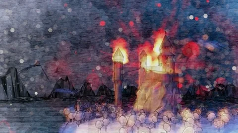 Dragons flying around burning medieval castle at night Front view Stock Footage 57318262