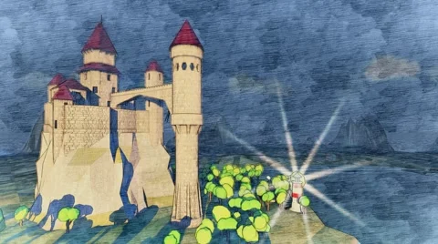 Dragons flying around castle Lighthouse on the river coast Stock Footage 57318690