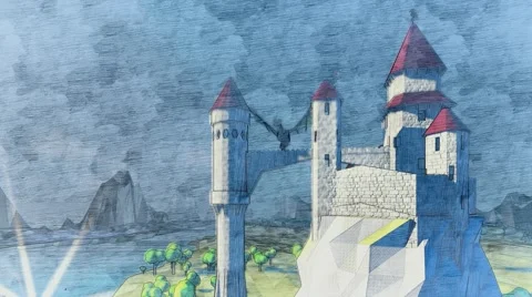 Dragons flying around castle. River coast landscape. Stock-Footage 57318707