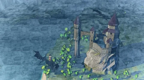 Dragons flying around castle River coast landscape Top view Stock Footage 57318731