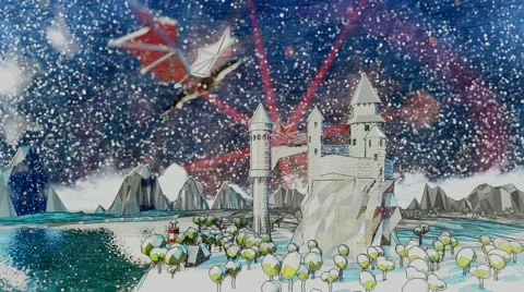 Dragons flying around castle. Snowfall. Cartoon. Stock-Footage 57318490