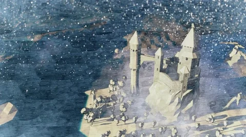 Dragons flying around castle. Snowfall. Stock-Footage 57318562