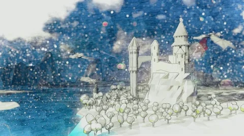 Dragons flying around castle. Snowfall. Wintertime. Cartoon animation. Stock Footage 57318624