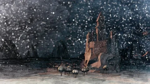 Dragons flying around castle. Snowfall. Night landscape. Stock-Footage 57318671