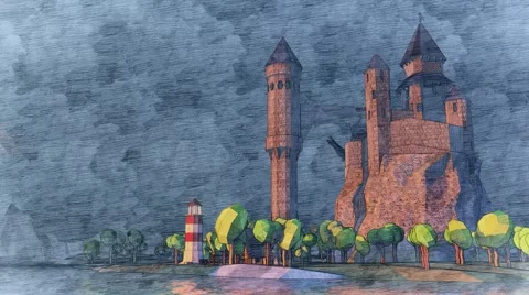 Dragons flying around castle Sunset. River coast landscape. Lighthouse. Stock Footage 57318712