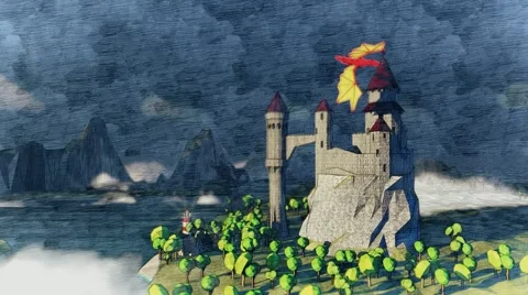 Dragons flying around castle Sunset. River coast landscape. Lighthouse. Fog. Stock Footage 57318759