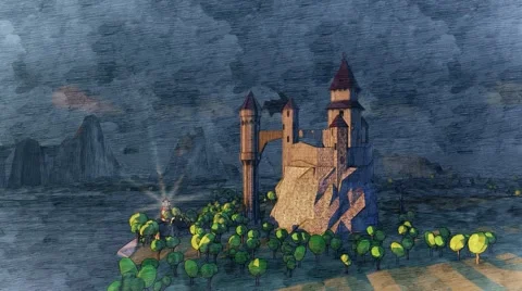 Dragons flying around castle. Sunset. River coast landscape. Lighthouse. Stock Footage 57318765