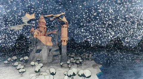 Dragons flying around castle. Wintertime snowfall. Stock Footage 57318422