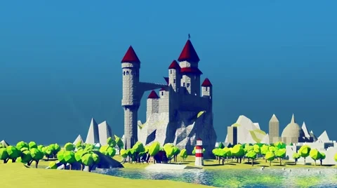 Dragons flying around medieval castle. River bay with lighthouse. Stock Footage 66313155