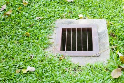 Drain on the grass green Stock Photos