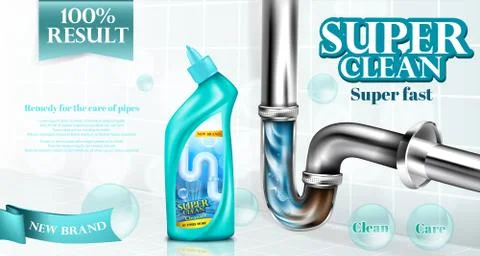 Drain pipe cleaner ad poster, detergent Stock-Illustration