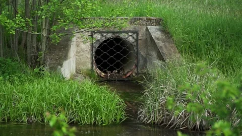 Drain pipe or effluent or sewer release wastewater into river. Sewage or Stock Footage 131365717