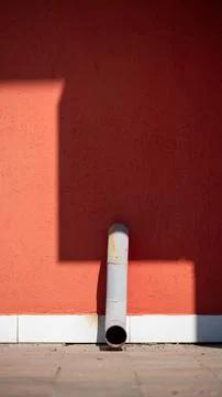 Drain pipe on red wall with geometric shadows Stock Photos