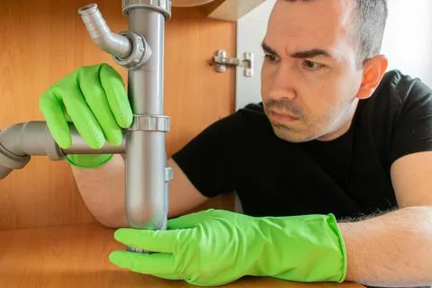 Drain Problems, blockage plumbing kitchen sink pipe unclog plunger man hand h Stock Photos