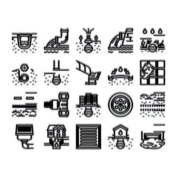 Drainage and sewage system infrastructure outline icons Stock Illustration