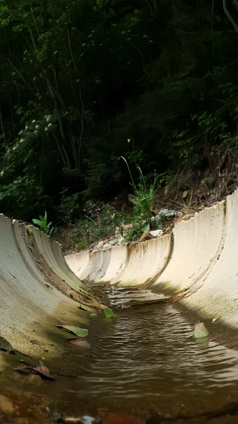 Drainage system in the forest. Water flowing through the channel. Two tourists Stock Footage 314430404