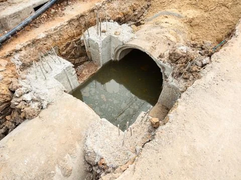 Drainage systems under construction to improve existing roads for increased e Stock Photos