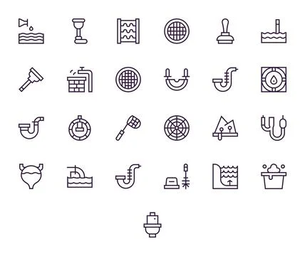 Drainage Vector Icon Collection with 25 Retina Ready Regular Line Designs Stock Illustration