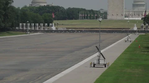 The drained Reflecting Pool with repair equipment on the basin floor Video stock 345283383