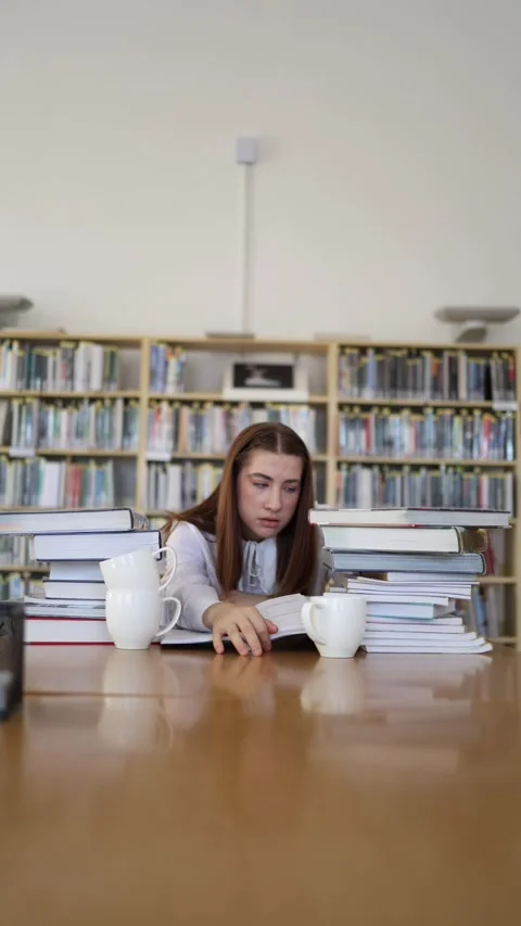 Drained student loses focus after long hours of studying in library Video stock 342178545