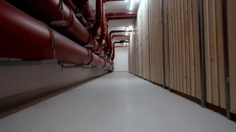 Drainpipes and Empty Storages in a Cellar in New Apartment Stock Footage 254896799