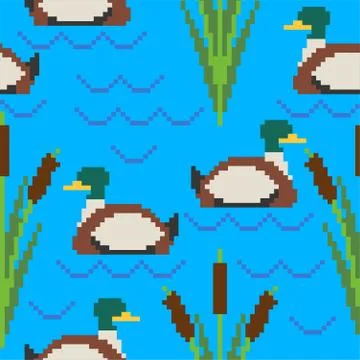 Drake pixel art pattern. Pond 8bit of texture. waterfowl bird background. Vec Stock Illustration