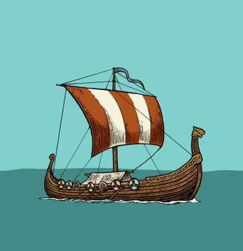 Drakkar floating on the sea waves. Stockillustratie