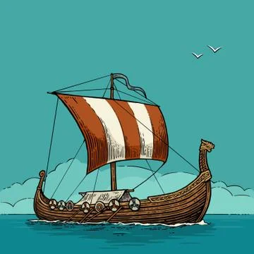 Drakkar floating on the sea waves Illustrazione stock