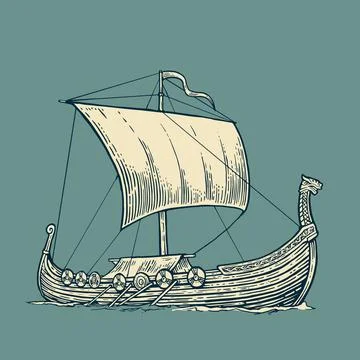 Drakkar floating on the sea waves. Stock Illustration
