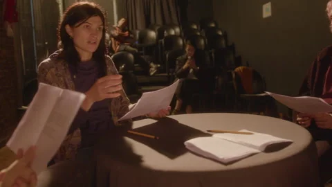 Drama Students Reading Play Scripts and Discussing Roles in Theater Stock Footage 247783192