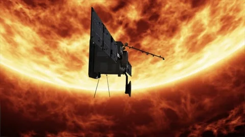 Dramatic 3D CGI animated render of the solar orbiter spacecraft in orbit Video stock 164200076