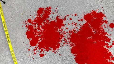 A dramatic 3d rendering of a crime scene with bloody dots on gray asphalt. Th Stock Illustration